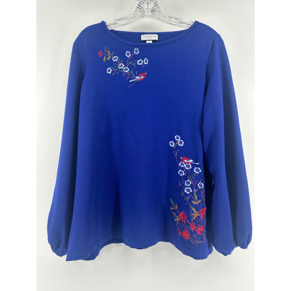 Charter Club Woman Royal Blue Embroidered Floral Bird Knit Sweater 2X Grammacore
